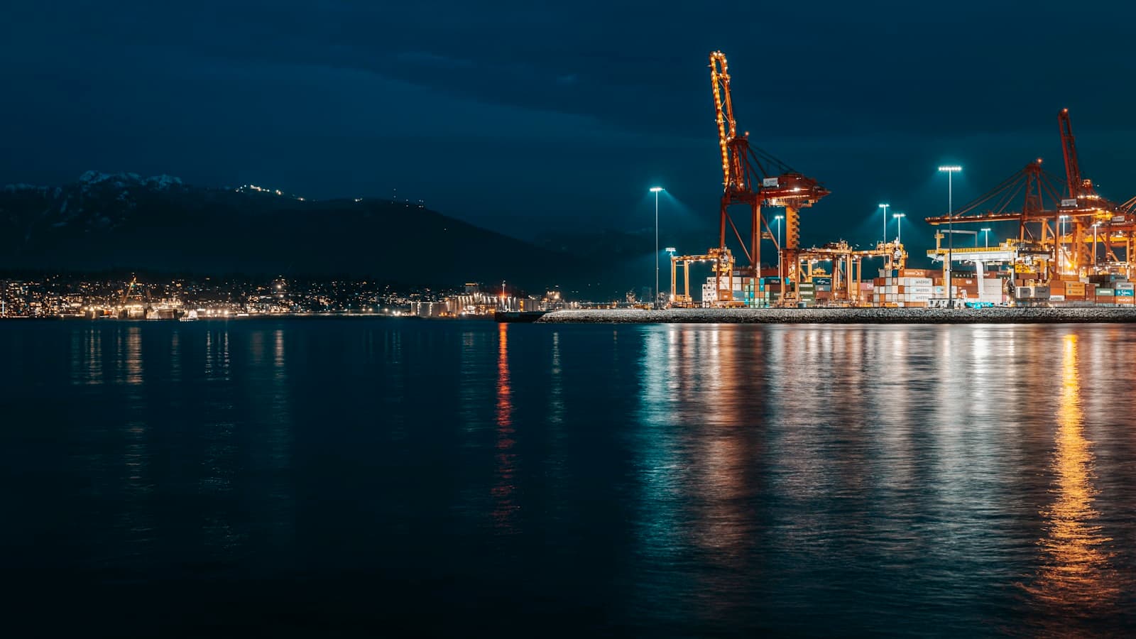Port cranes illuminated at night